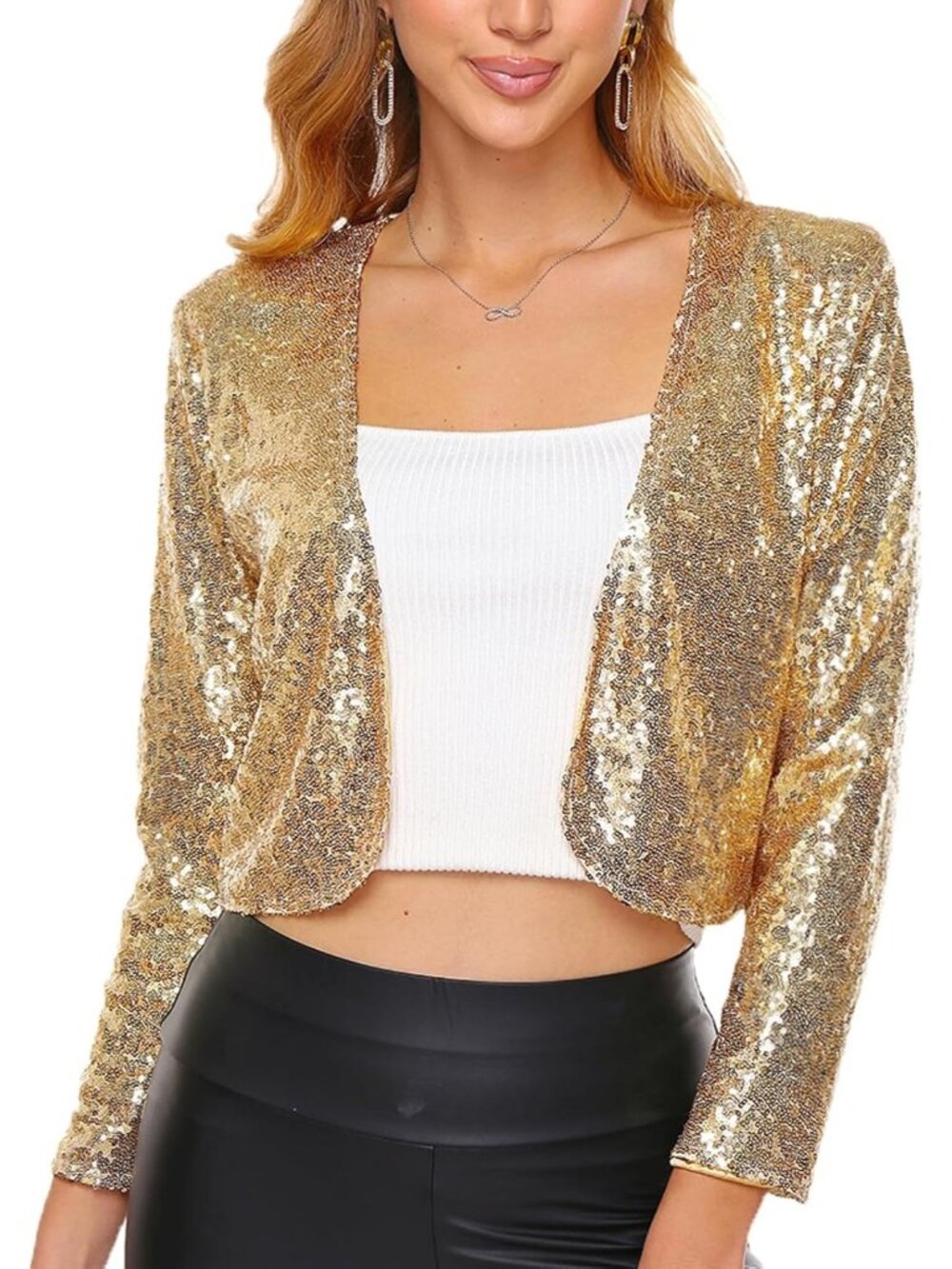 Women's Light Gold Sequin Shrug Jacket Long Sleeve Open Front Glitter Blazer